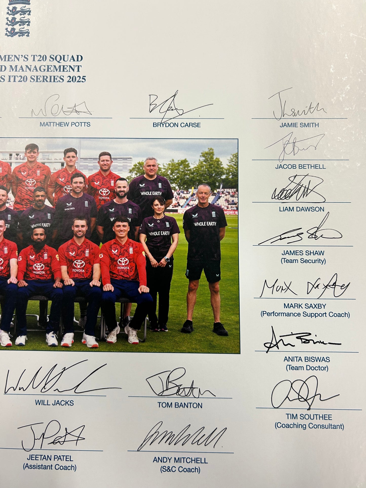 England 2025 T20 vs West Indies Squad And Staff Signed Official Photo