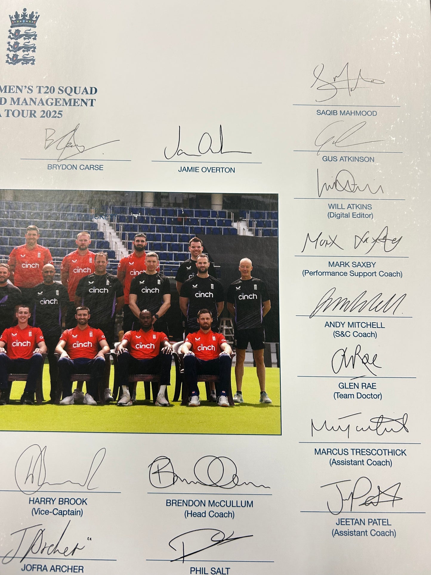 England 2025 T20 vs India Squad And Staff Signed Official Photo