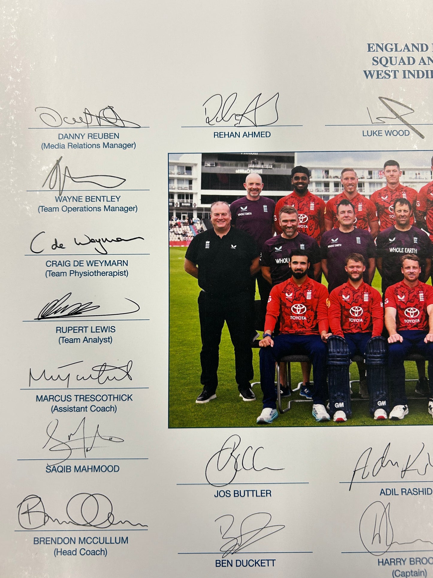 England 2025 T20 vs West Indies Squad And Staff Signed Official Photo