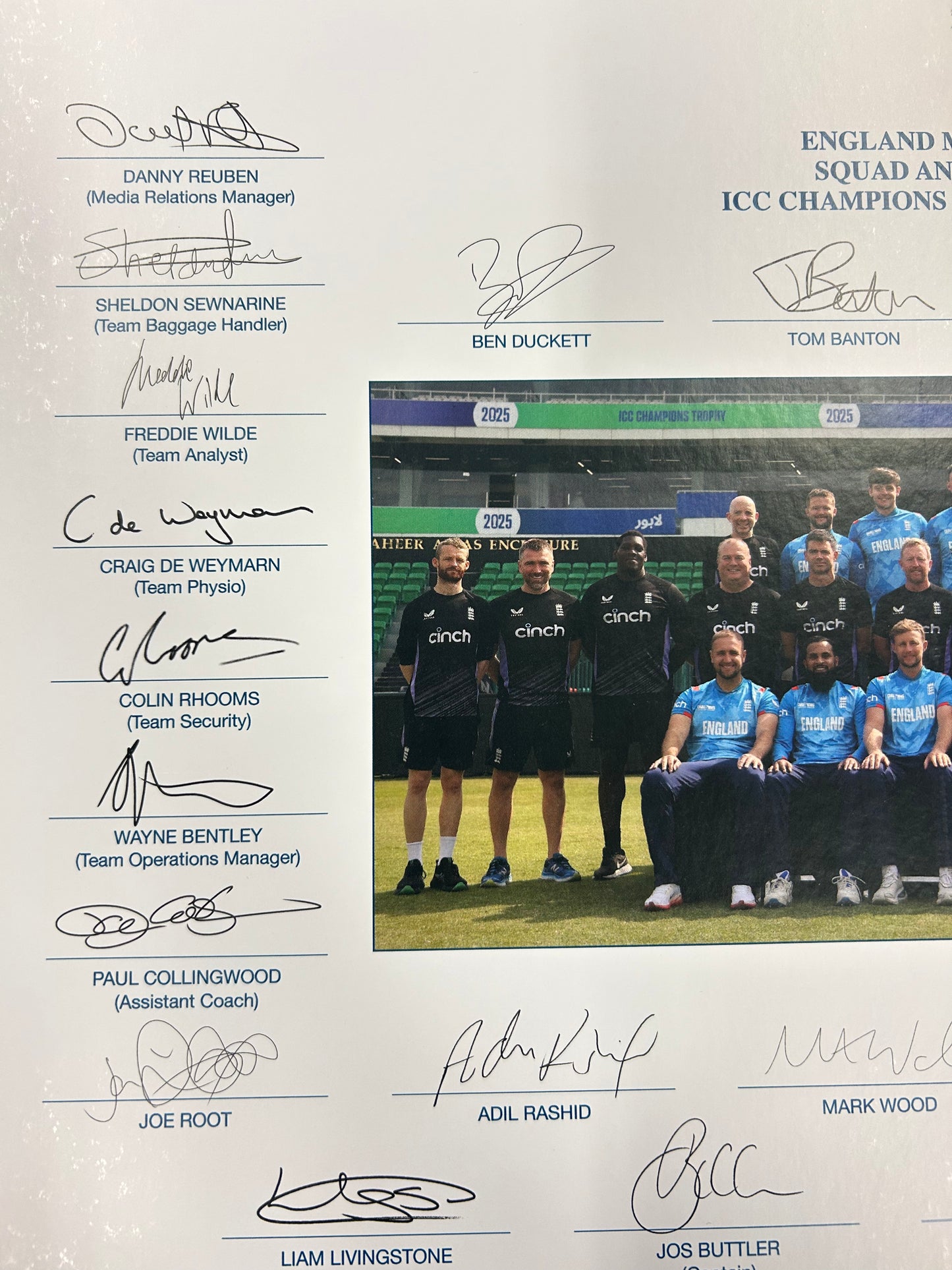 England 2025 Champions Trophy Squad and Staff Signed Official Photo