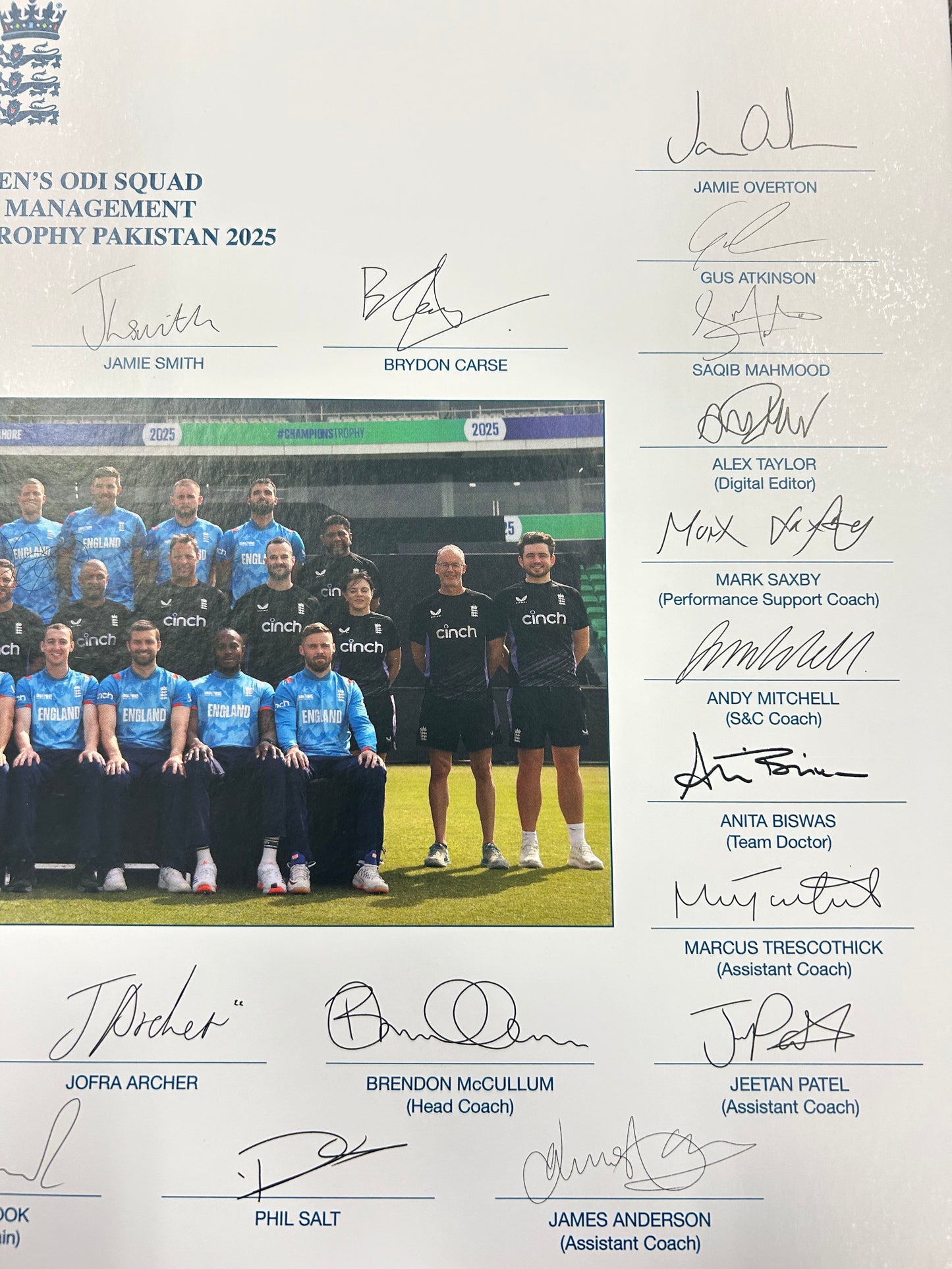 England 2025 Champions Trophy Squad and Staff Signed Official Photo