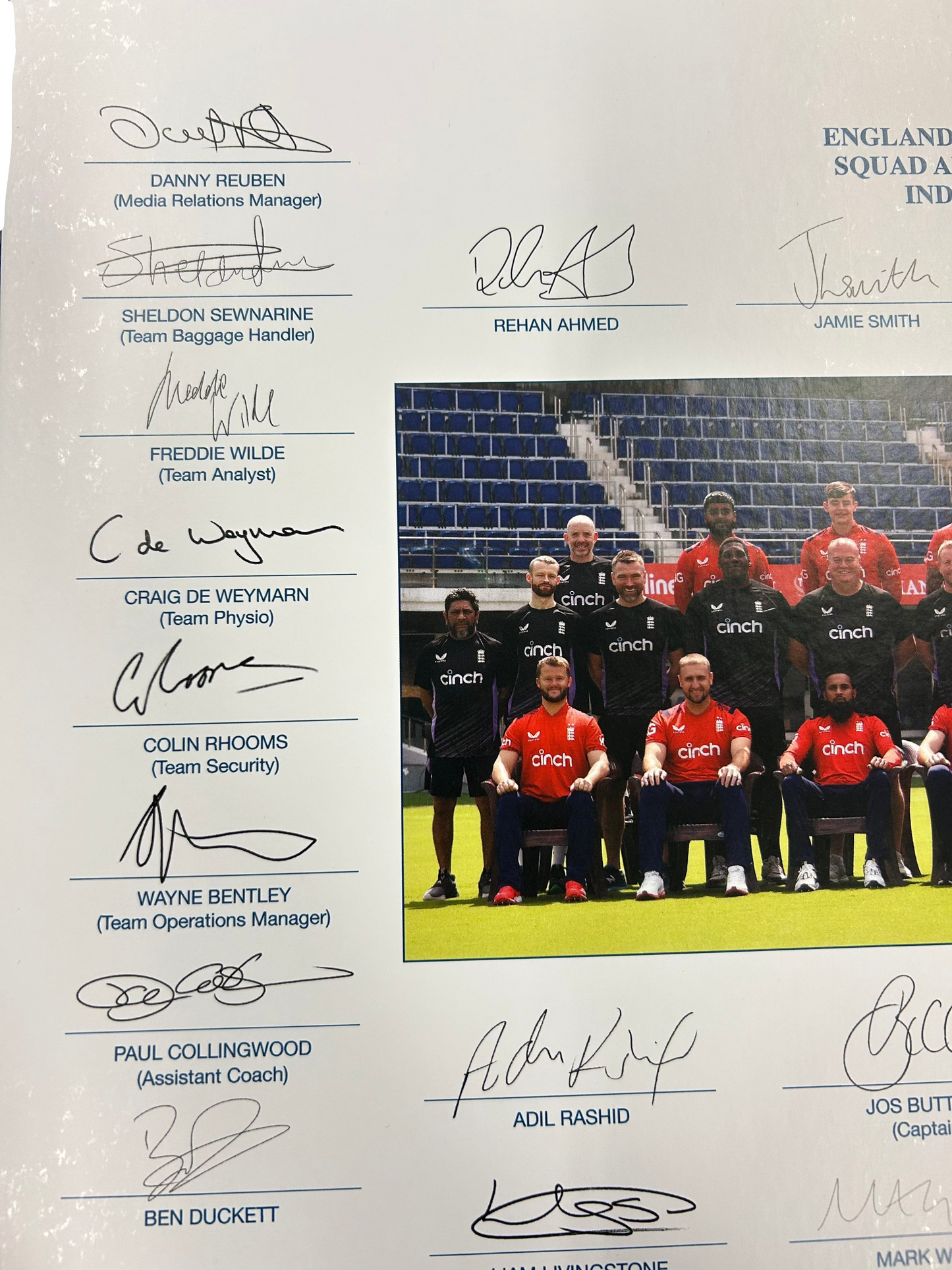 England 2025 T20 vs India Squad And Staff Signed Official Photo
