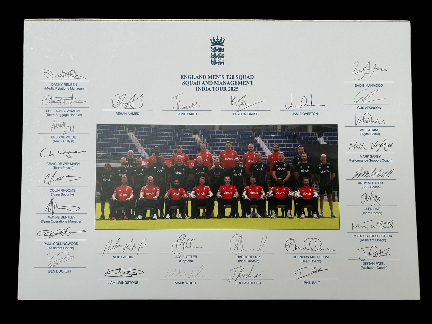 England 2025 T20 vs India Squad And Staff Signed Official Photo