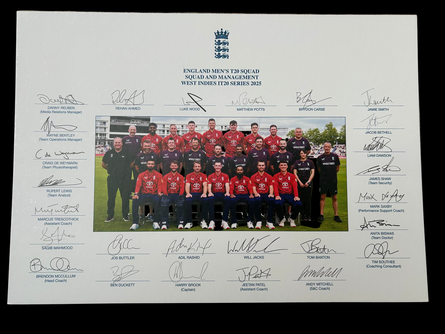 England 2025 T20 vs West Indies Squad And Staff Signed Official Photo